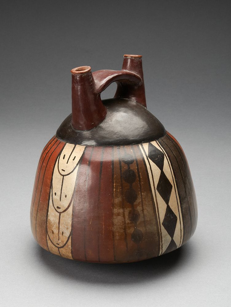 Double Spout Vessel with Vertical Bands of Geometric Motifs by Nazca