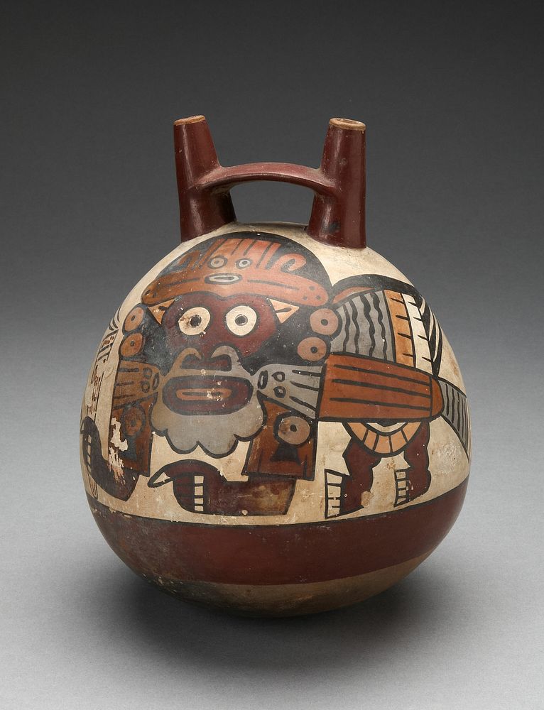Double Spout Vessel Depicting Costumed Figure with Bird Attributes, Holding a Staff by Nazca