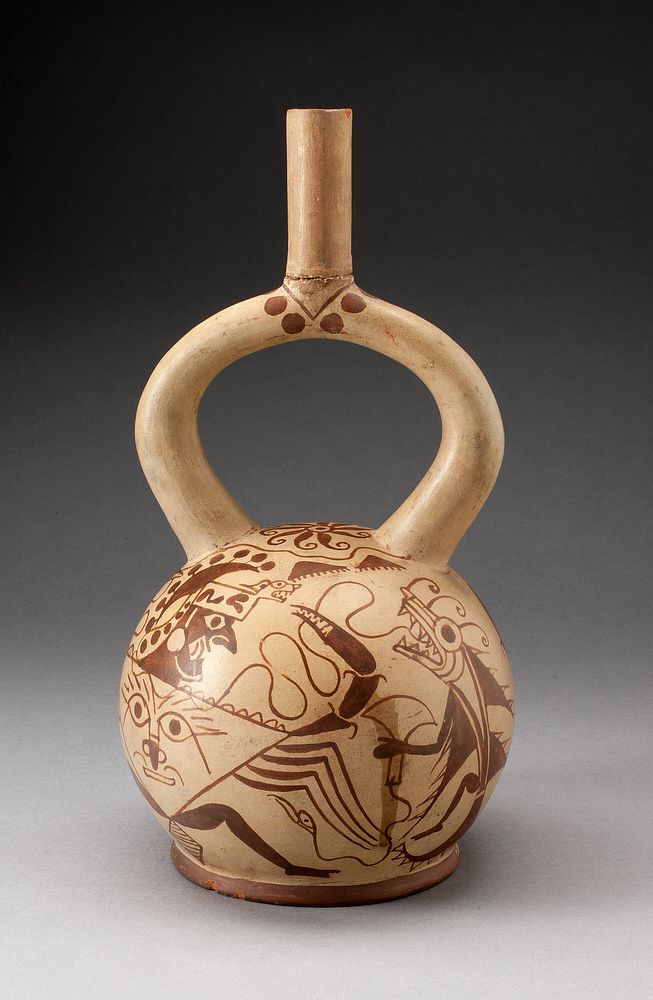 Stirrup Vessel Depicting an Anthropomorphic Crab and Abstract Fish by Moche