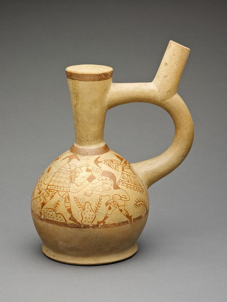 Vessel Depicting Animated Weapons and Helmets Capturing Prisoners by Moche