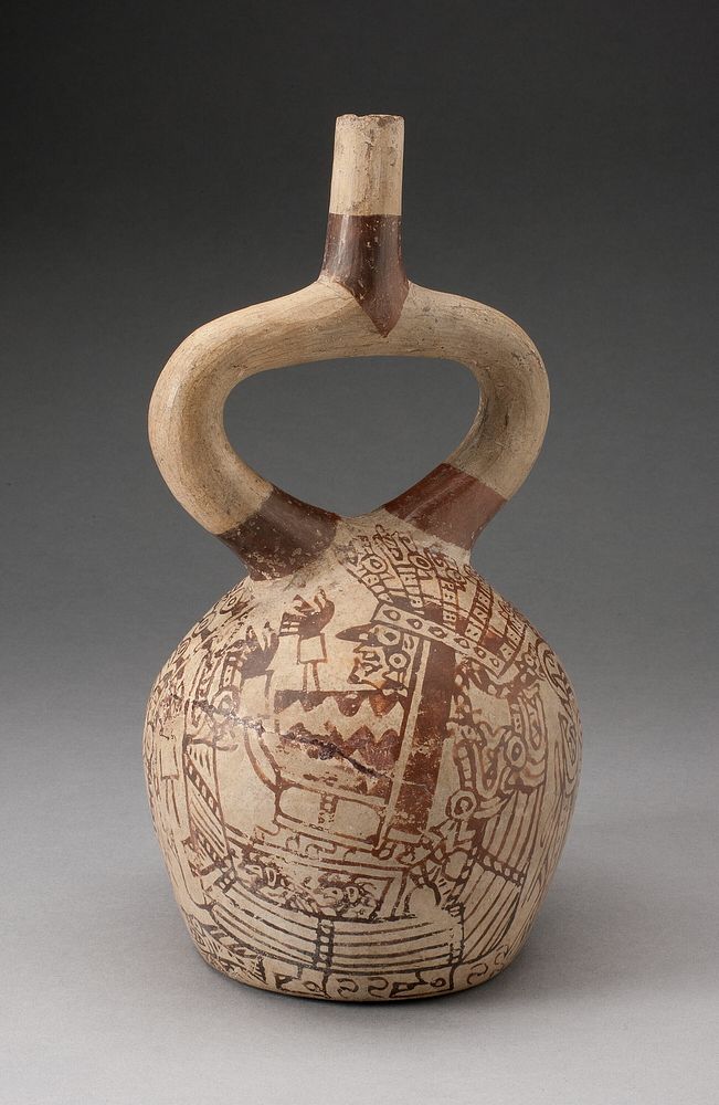 Stirrup Vessel with Fineline Painting Depicting Costumed Figured in a Reed Boat by Moche