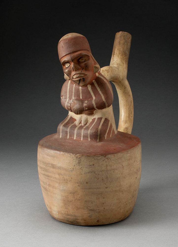 Spout Vessel with Skeletal, Tatooed Figure Attached to Handle by Moche