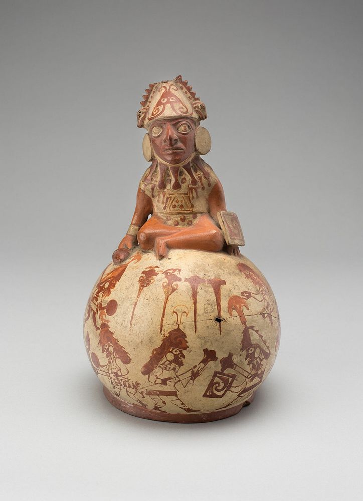 Vessel Representing a Seated Figure with a Warfare Scene by Moche