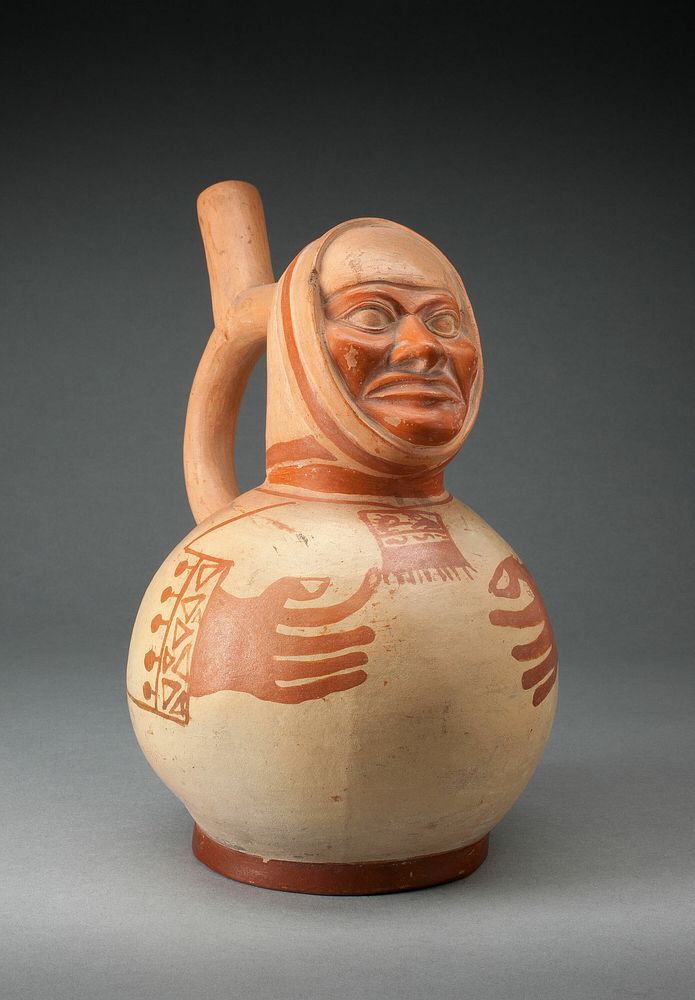 Vessel in the Form of a Figure with Sculpted Head and Arms and Hands Painted on Surface by Moche