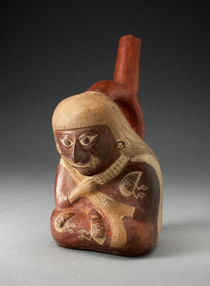 Stirrup Spout Vessel in the Form of a Seated Figure with Insects on Torso by Moche