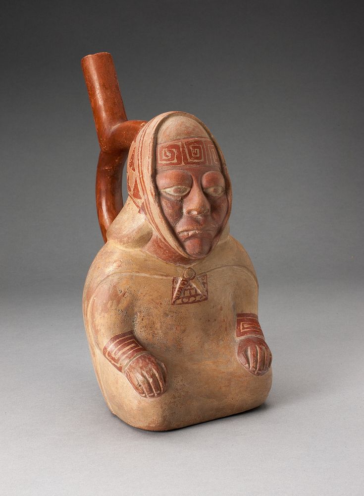 Handle Spout Vessel in the Form of a Seated Female Wearing Patterned Headkerchief by Moche