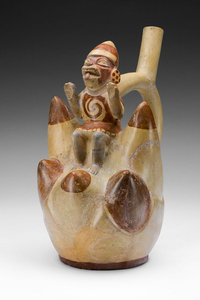 Vessel Depicting a Figure on Top of a Seven-Peaked Mountain by Moche