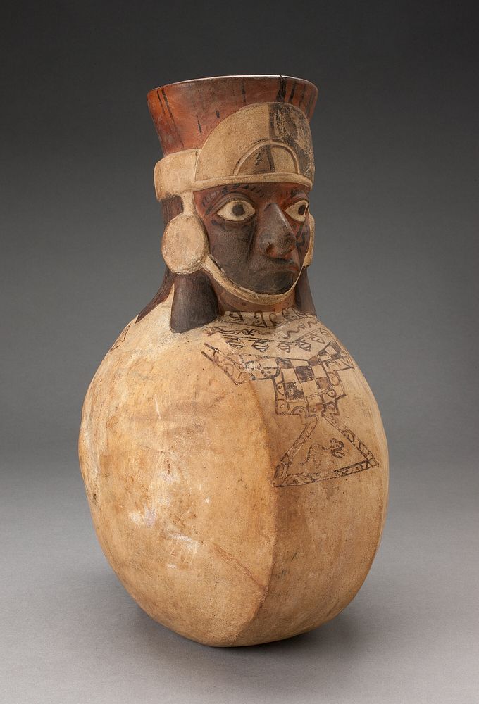 Anthropomorphic Flat-sided Flask with Molded Head and Painted Textile Tunic by Moche