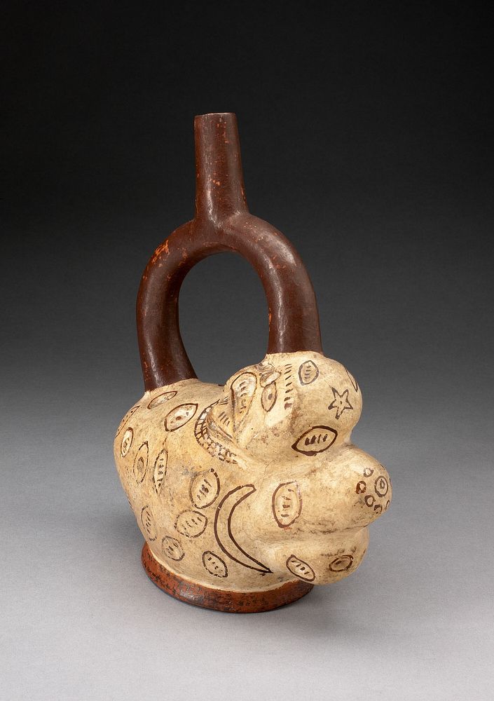 Handle Spout Vessel in the Form of a Potato with Painted Motifs, Probably Eyes by Moche