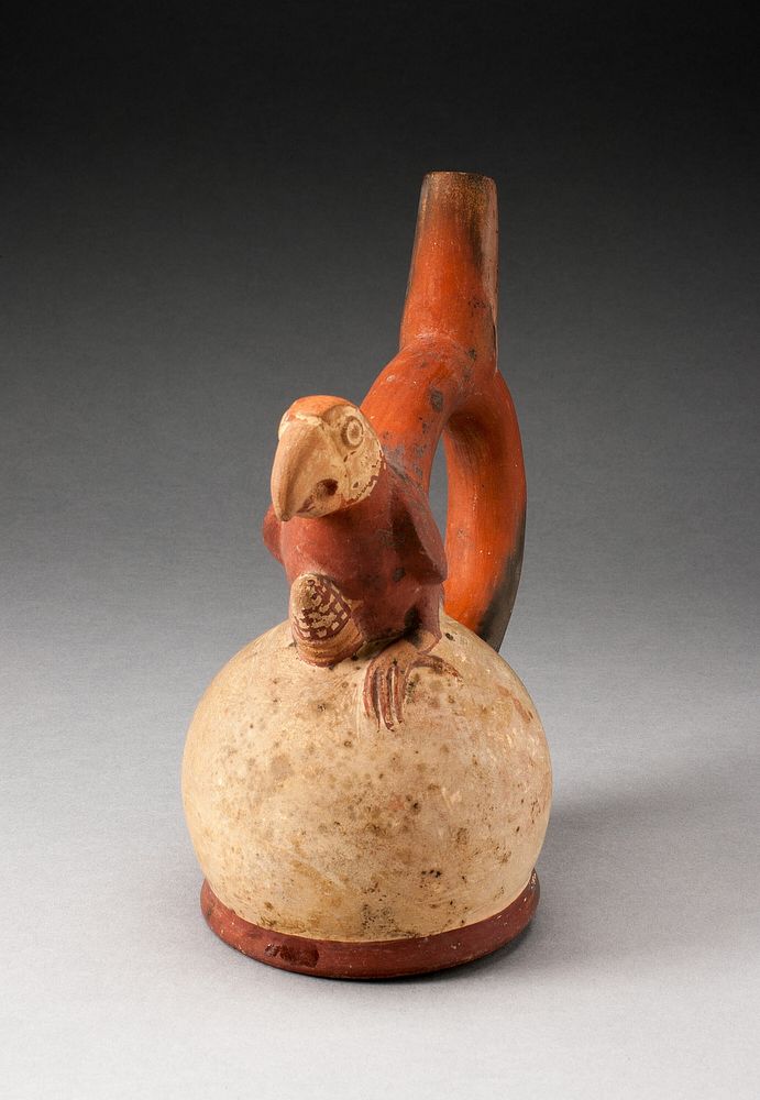 Handle Spout Vessel with Parrot Grasping Maize by Moche
