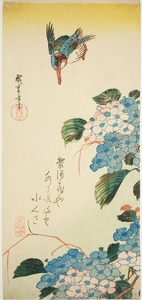 Kingfisher and hydrangea by Utagawa Hiroshige