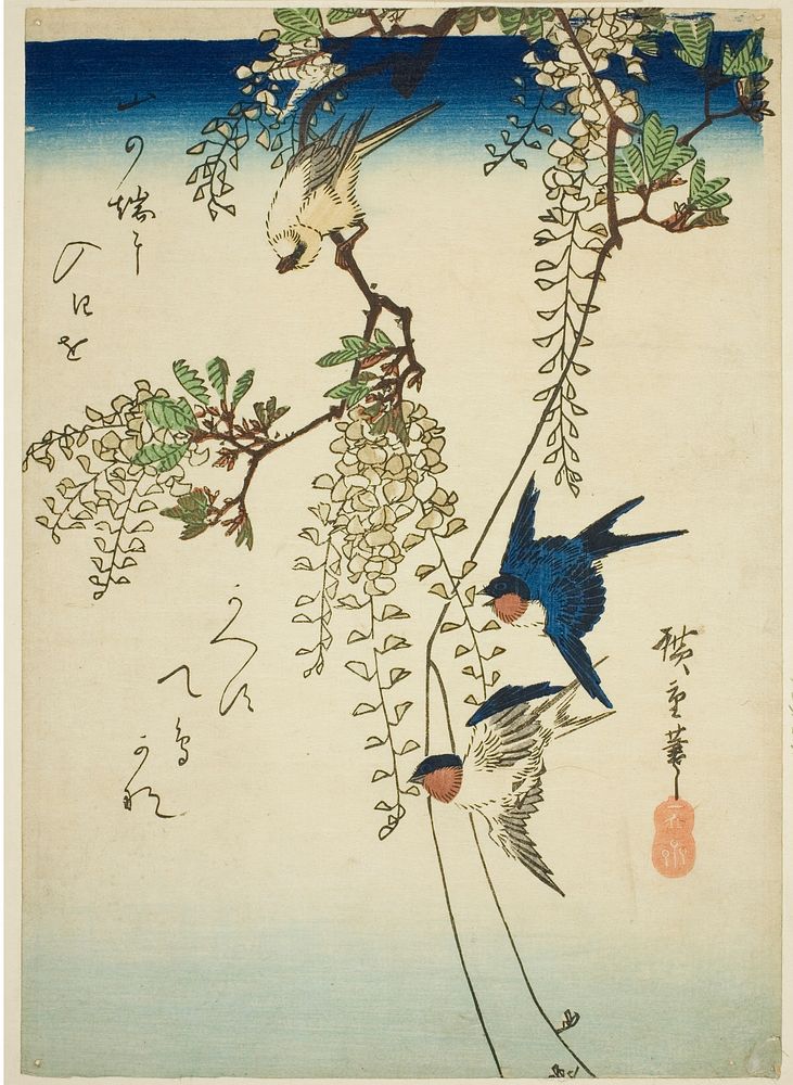 Swallow, yellow bird, and wisteria by Utagawa Hiroshige