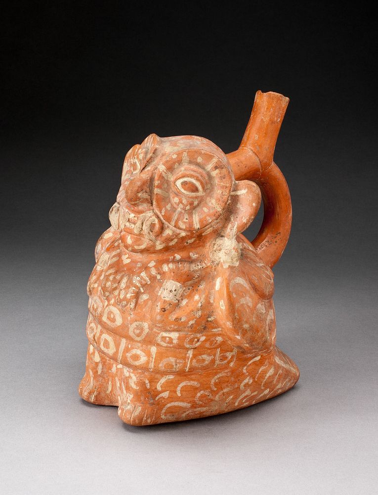 Handle Spout Vessel in the Form of an Anthropomorphic Owl with Feline Fangs, Holding a Serpent by Moche