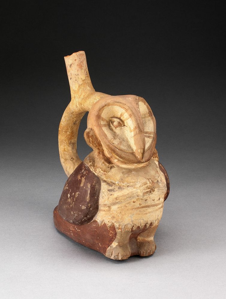 Handle Spout Vessel in the Form of an Anthropomorphic Owl with Clasped Hands by Moche