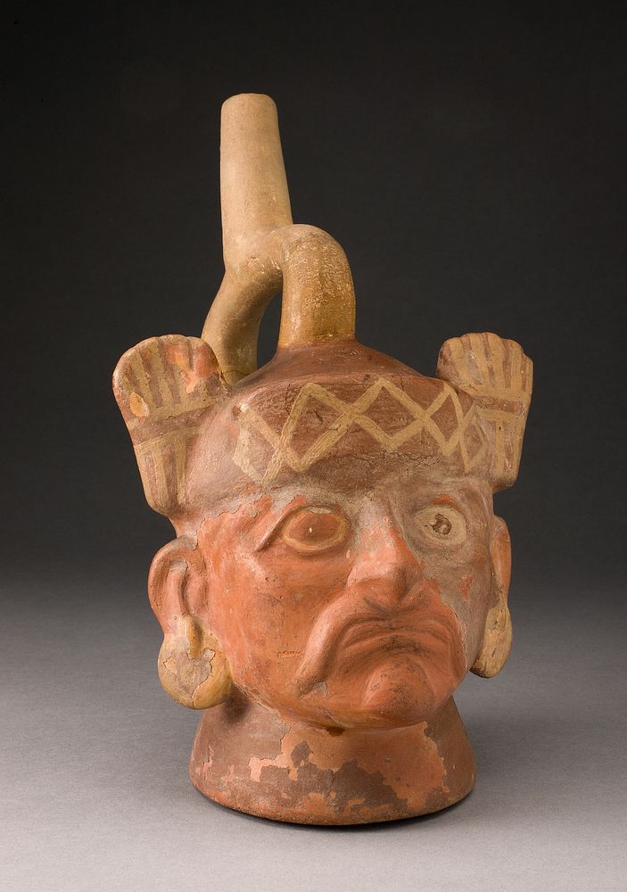 Portrait Vessel of a Ruler with Mustache and Feathered Headdress by Moche