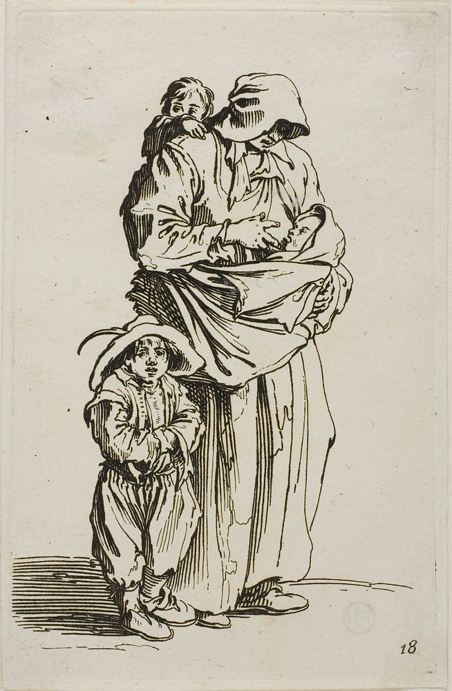 A Mother with her Three Children, plate 18 from The Beggars by Jacques Callot