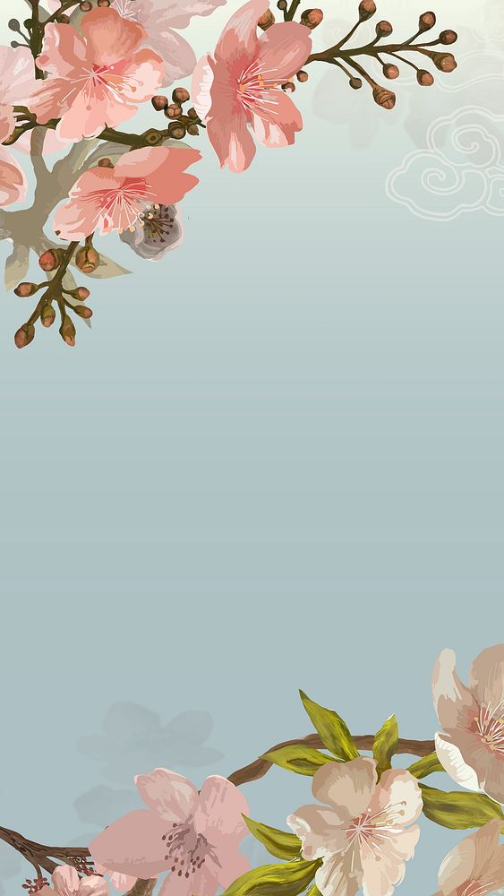 Japanese sakura aesthetic iPhone wallpaper, traditional flower border background