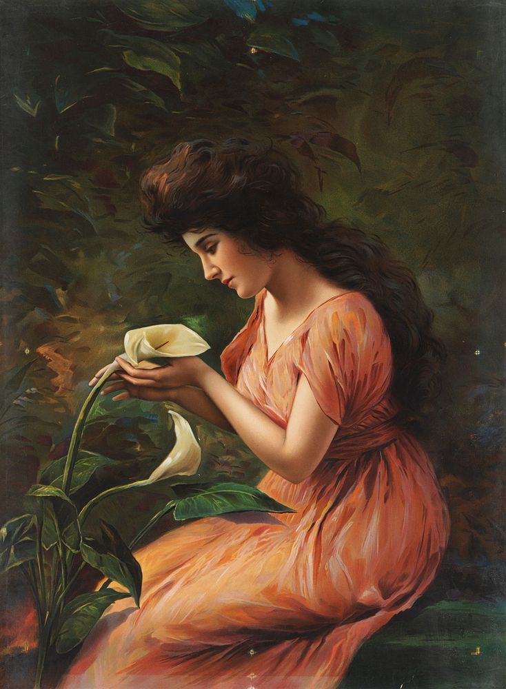 Seated woman gazing at calla lily