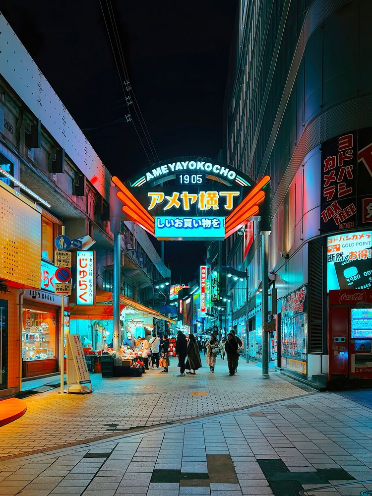Ameyokocho Entrance, Ueno, Tokyo, JapanNighttime at the Ueno Station entrance to Ameyokocho Shopping Street, Ueno, Taito…