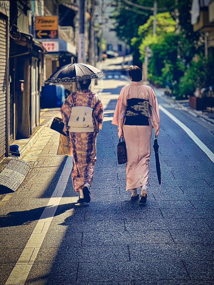 Women Wearing Kimonos, Tokyo, JapanJapanese women wearing traditional garments (kimono) walking along a back street in Nezu…