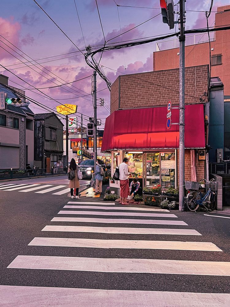 Sunset & Flower Shop, Tokyo, JapanThe sun sets with pink clouds behind a flower shop on a street corner in Ueno-Sakuragi…
