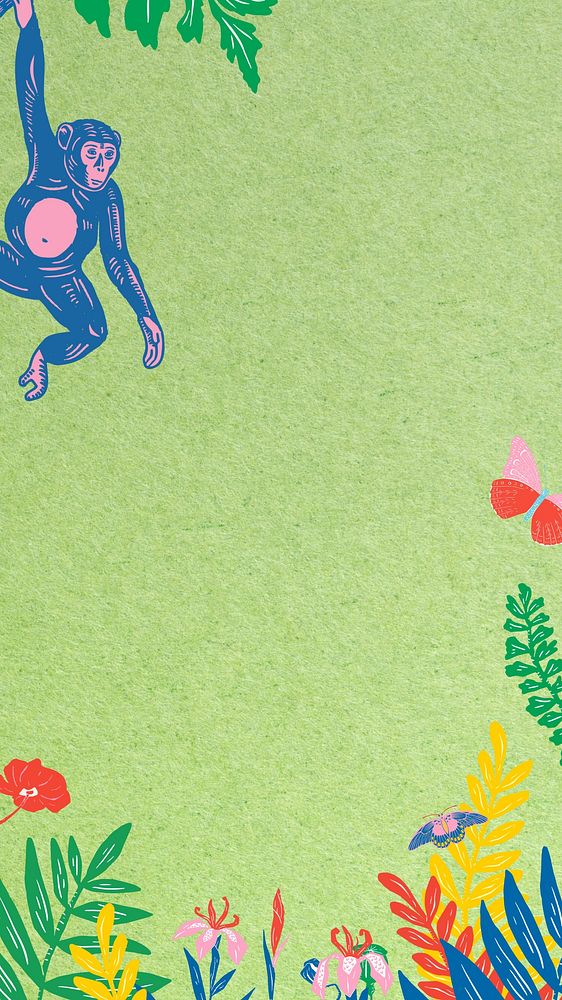 Monkey botanical green iPhone wallpaper, animal illustration