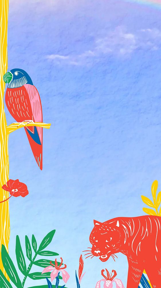 Botanical wildlife blue phone wallpaper, animal illustration