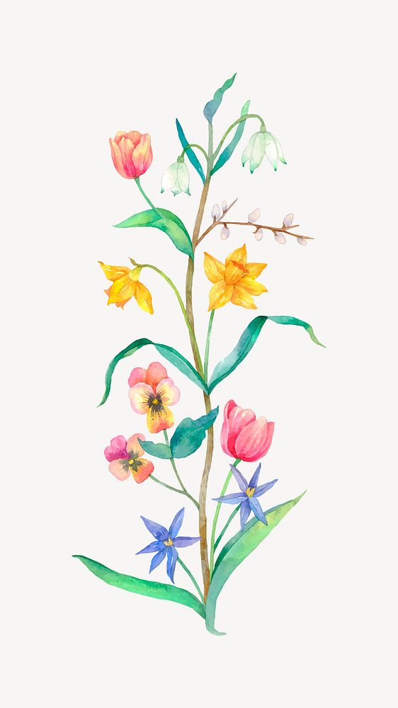 Watercolor flowers collage element, botanical illustration vector