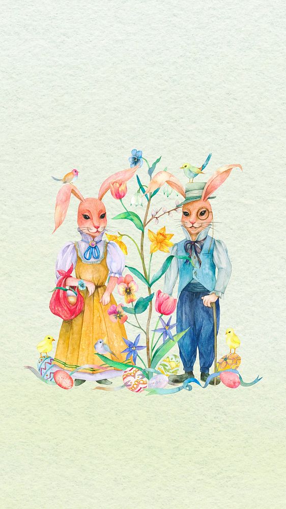 Easter rabbit characters mobile wallpaper, watercolor illustration