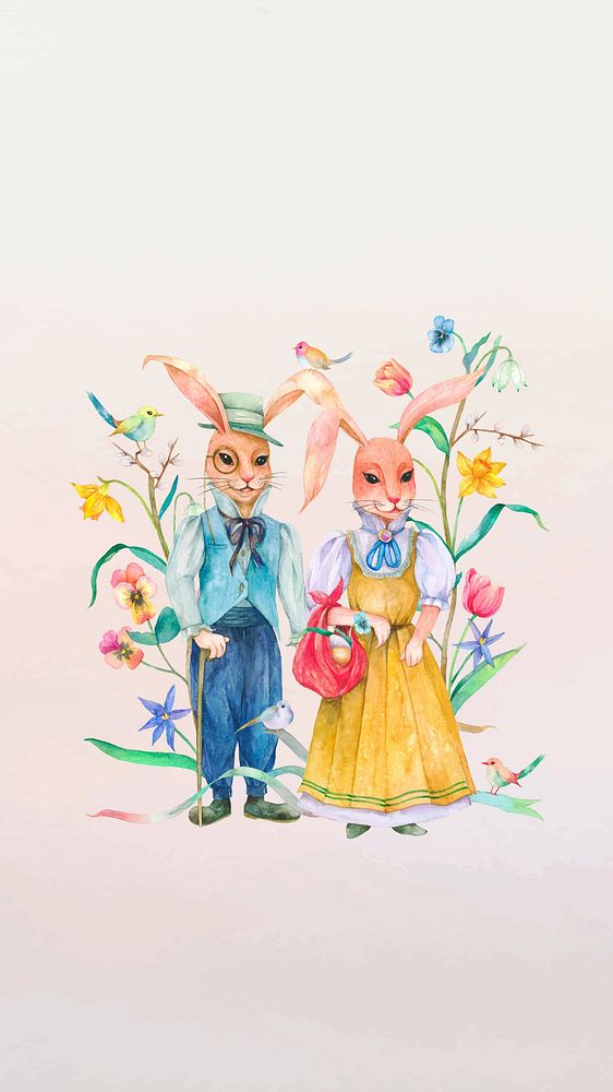 Vintage rabbit characters mobile wallpaper, watercolor illustration