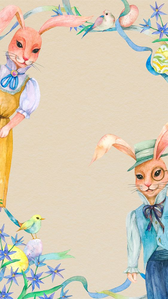 Rabbit characters frame mobile wallpaper, watercolor illustration
