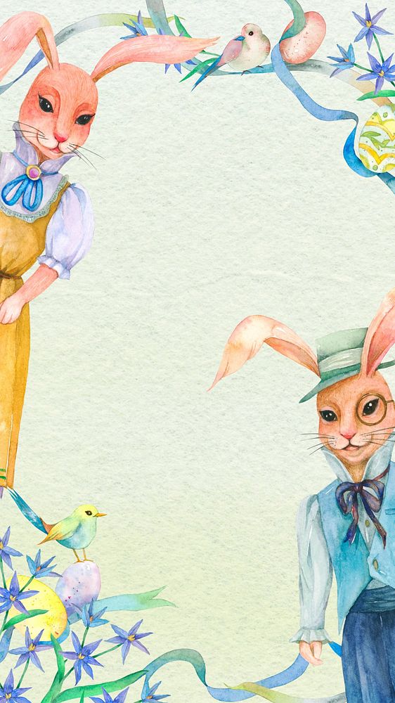 Spring rabbit characters frame iPhone wallpaper, watercolor illustration