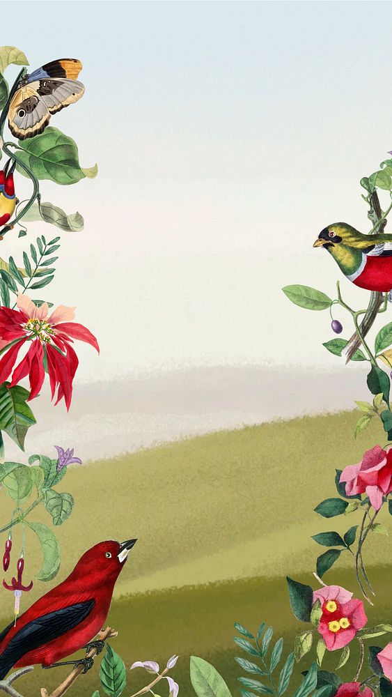 Tropical nature iPhone wallpaper, birds & mountain design