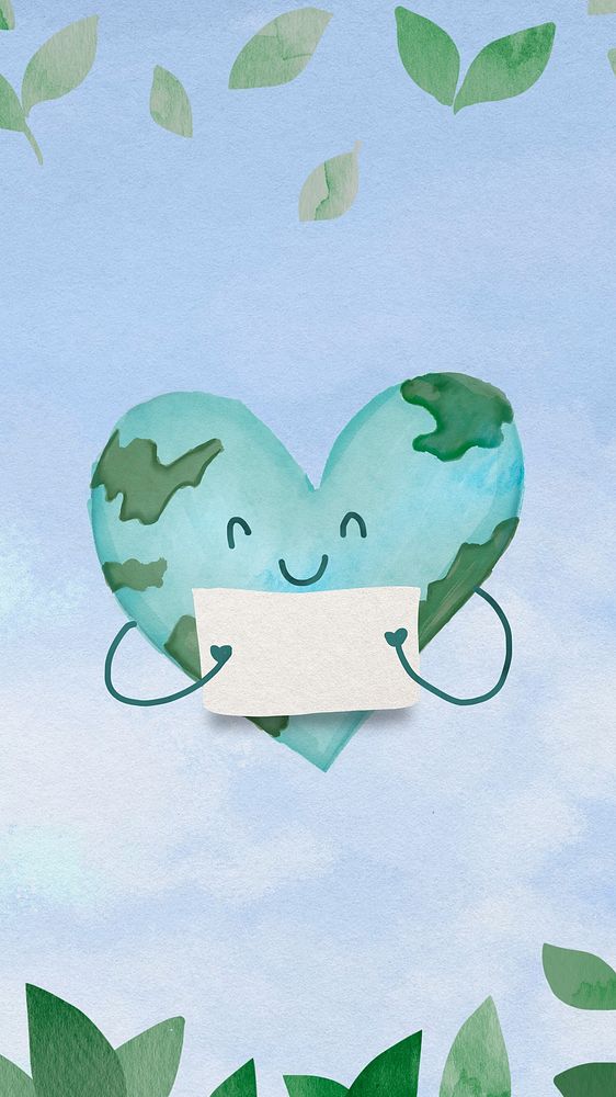 Save earth doodle mobile wallpaper, cute watercolor design