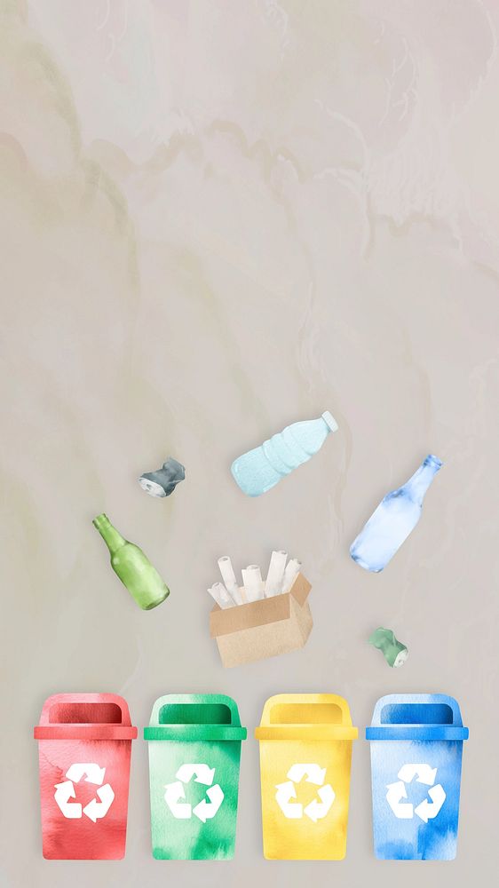 Recycle iPhone wallpaper, watercolor bins illustration