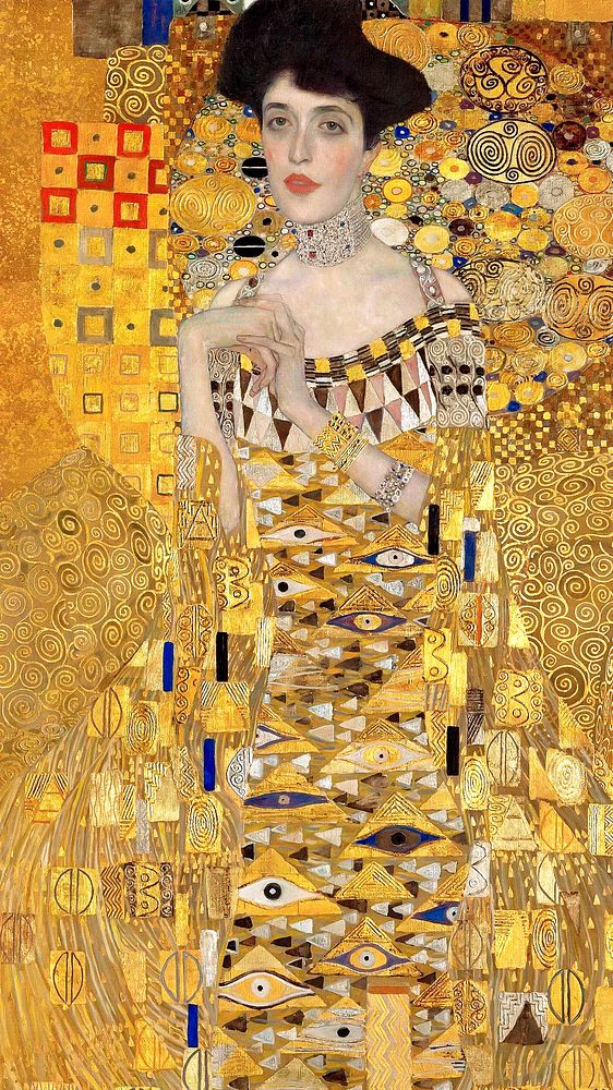 Adele Bloch-Bauer phone wallpaper, Gustav Klimt background. Remixed by rawpixel.