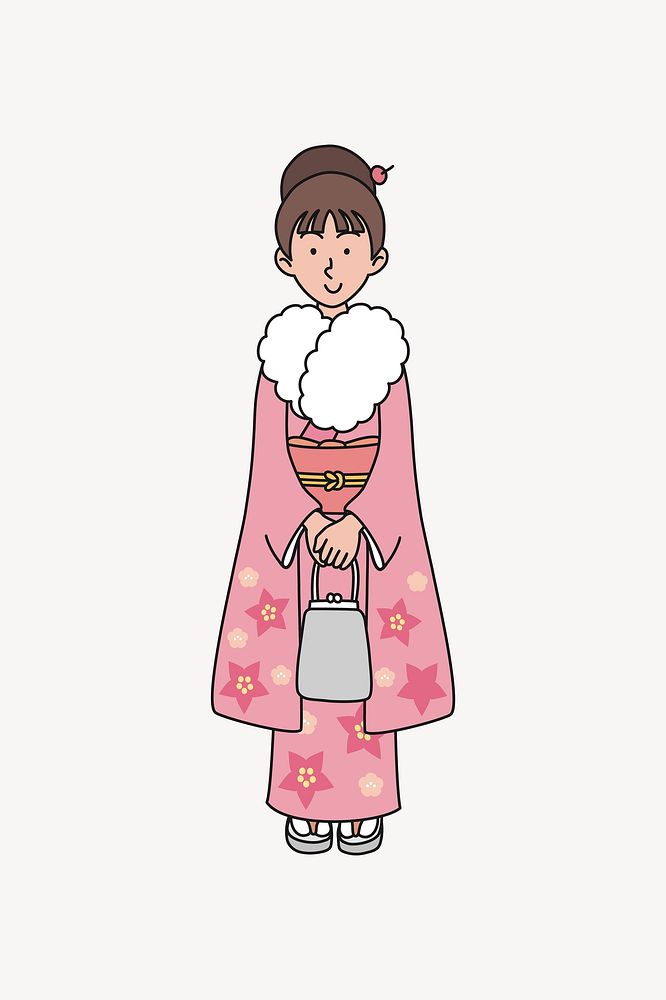 Woman in furisode, traditional winter yukaya clipart illustration vector. Free public domain CC0 image.