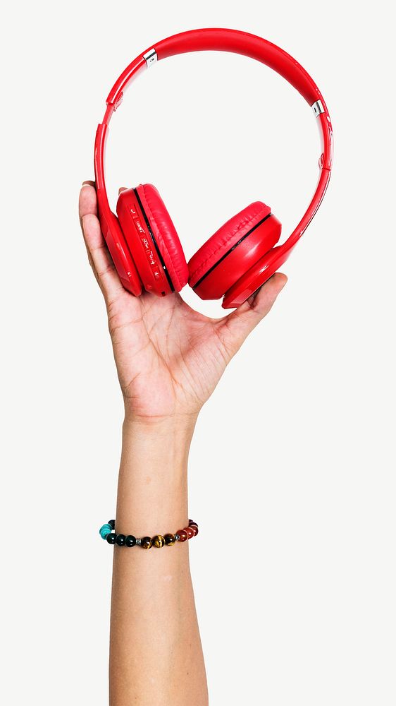 Red headphones, music collage element psd