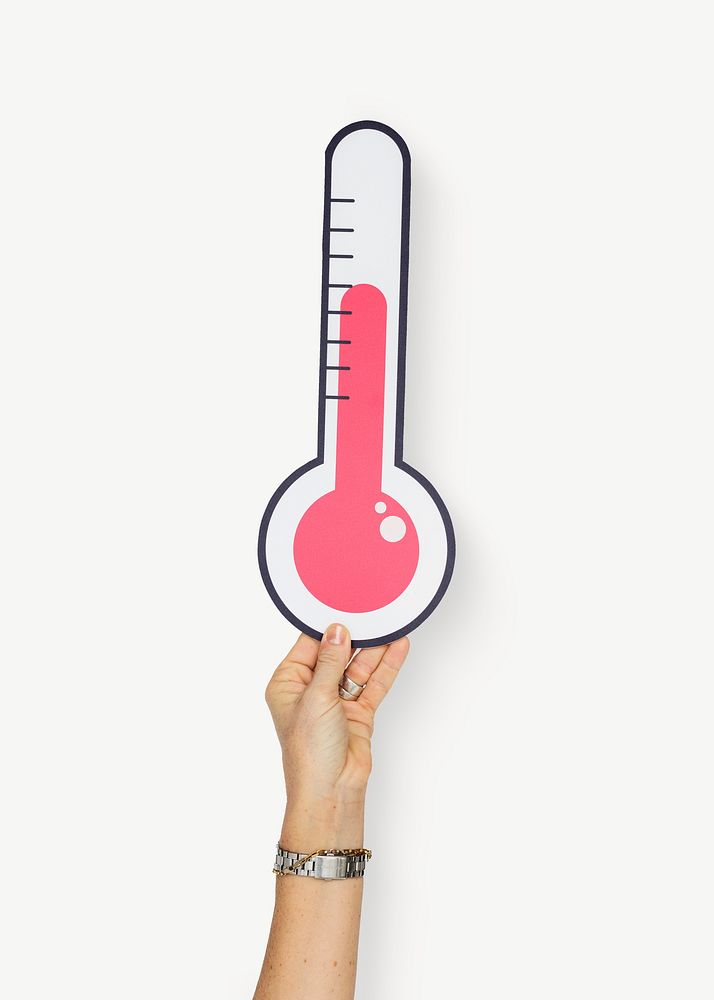 Hand holding paper thermometer collage element isolated image psd
