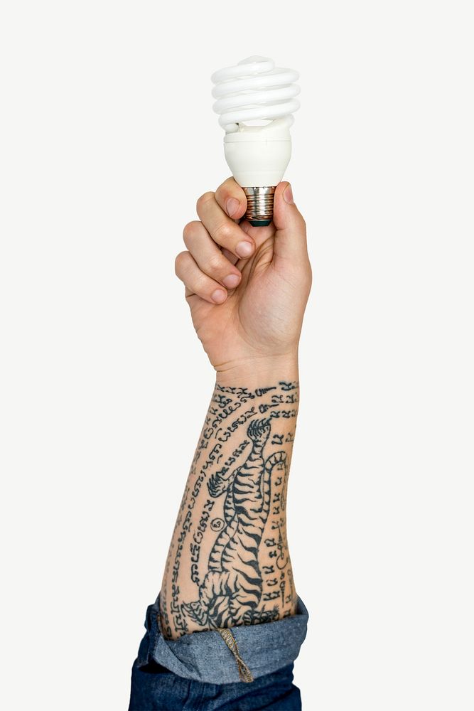 Hand holding light bulb collage element psd