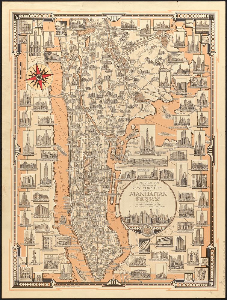             A pictorial map of that portion of New York City known as Manhattan, also showing parts of the Bronx          