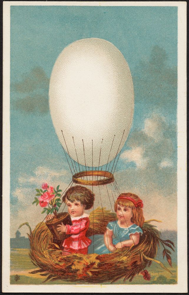             Two children in a hot air balloon made up of an egg-shaped balloon and a bird's nest - one of the children is…