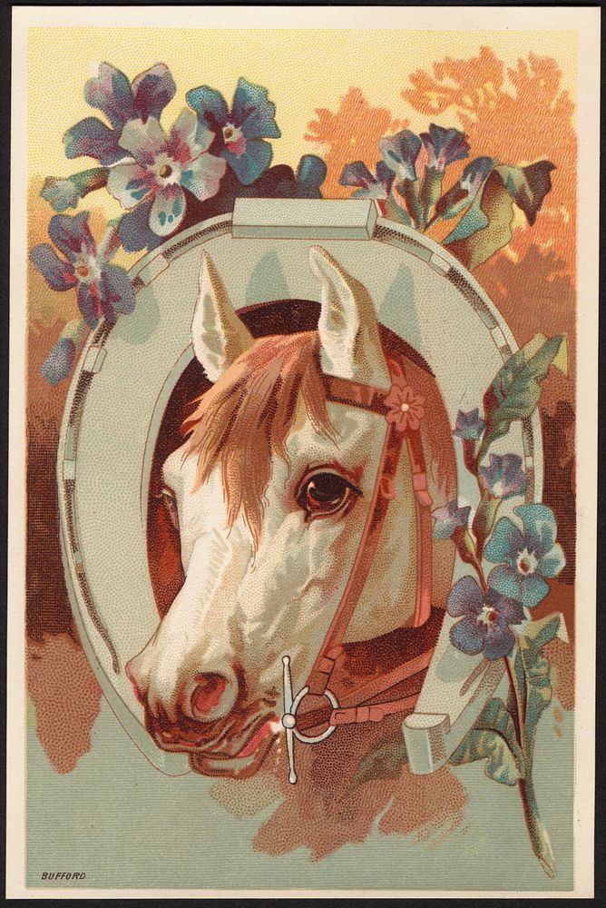             Horse with head through horseshoe, flowers in forefront.          