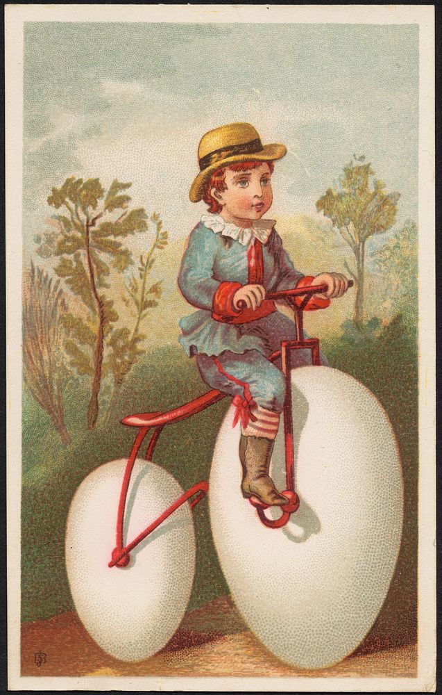             Boy riding a bicycle with eggs as a wheel.          