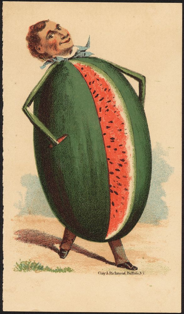             Man's head on a watermelon body.          