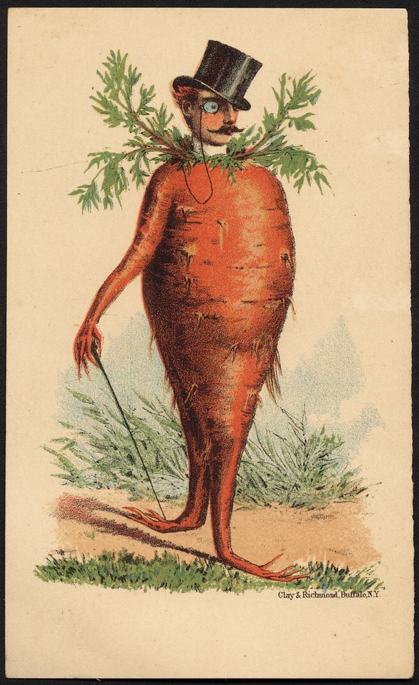             Man's head on a carrot body with a top hat and monocle.          