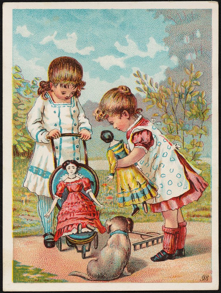            Two girls and a dog, one holding a doll, looking at another doll in a stroller.          