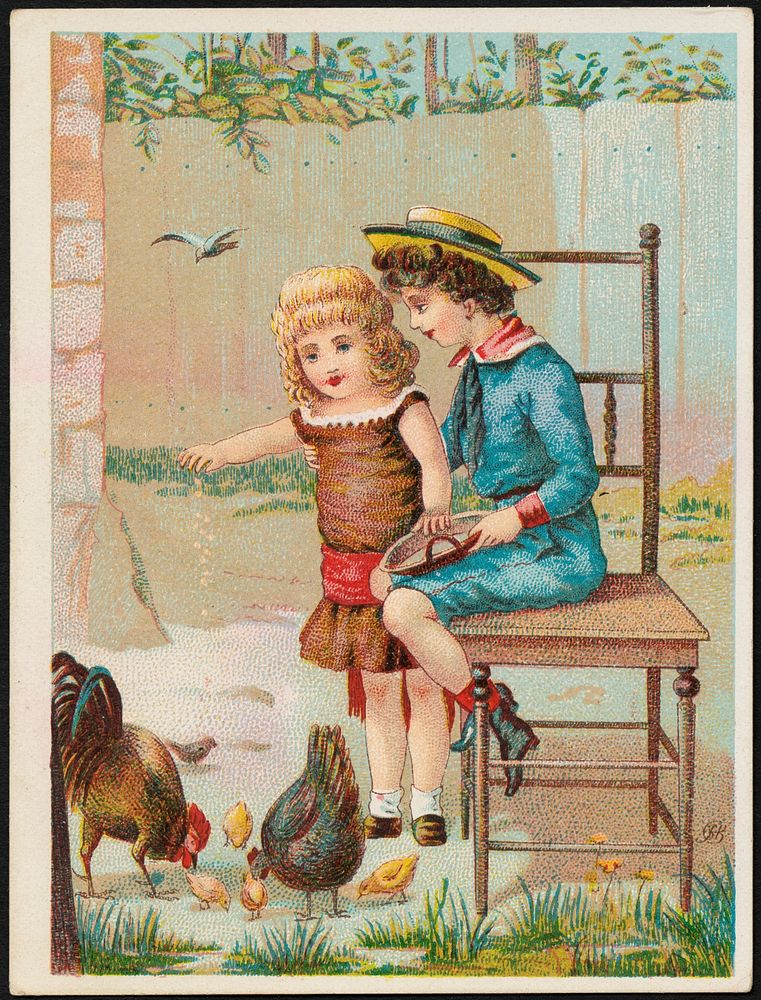             Boy sitting on a chair while a girl stands feeding chickens.          