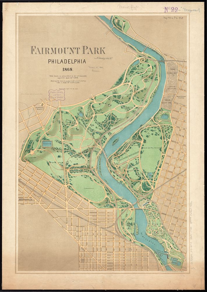             Fairmount Park, Philadelphia, 1868 : with limits, as prescribed in Act of Assembly, approved March 26th, 1868 :…
