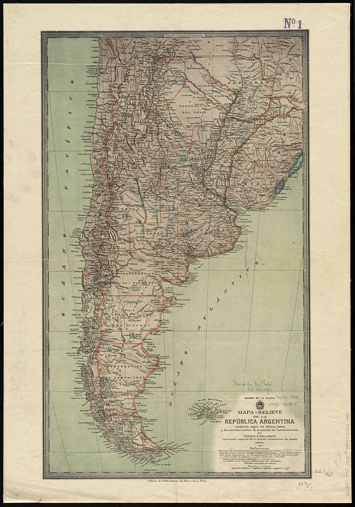             Mapa-relieve de la República Argentina construido segun los ultimos datos y documentos ineditos de propiedad…